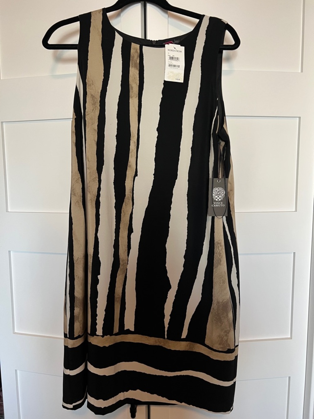 Vince Camuto Black and Tan Striped Sleeveless Shift Dress